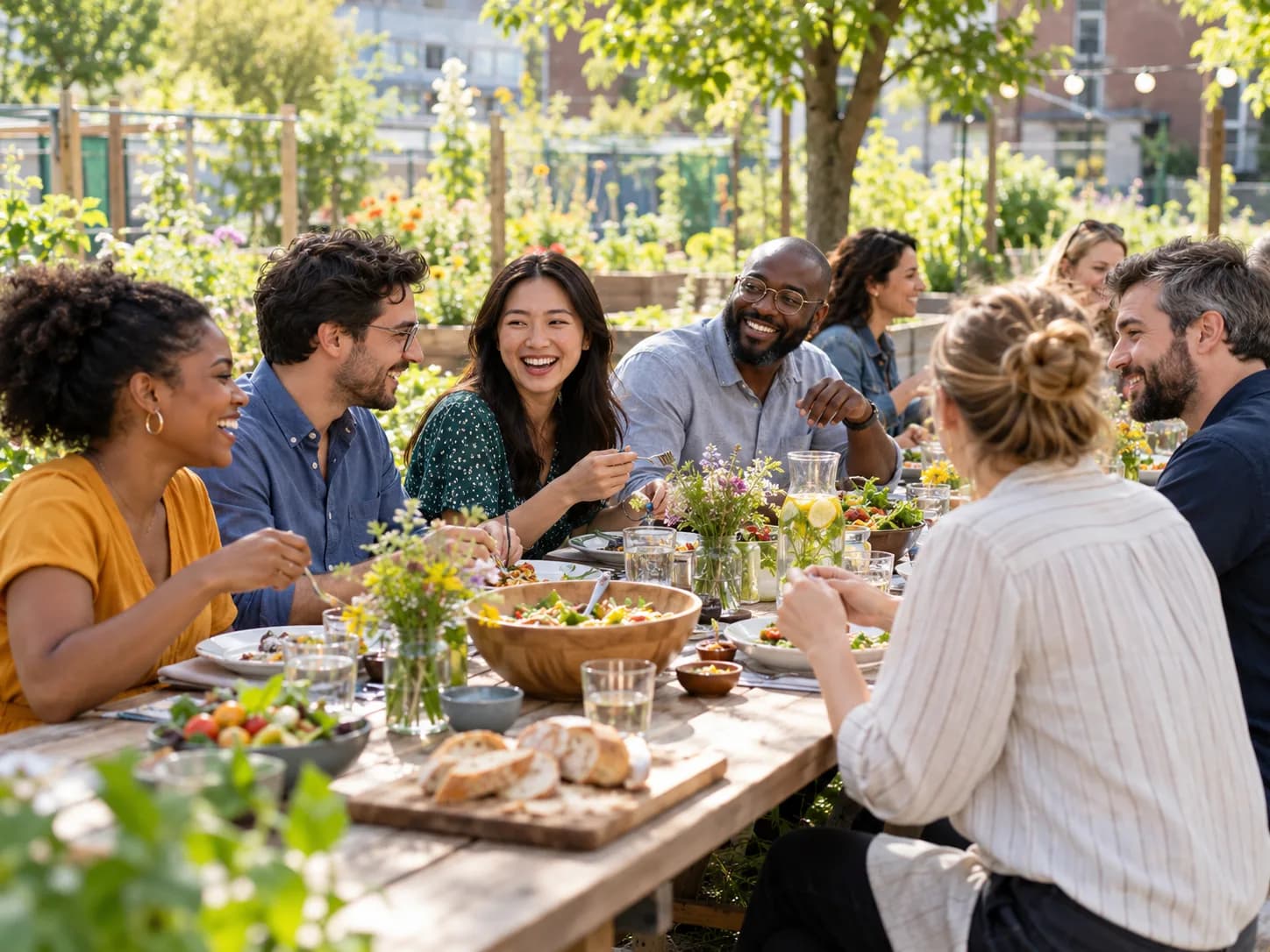 Vista previa: comida de equipo en una mesa larga al aire libre