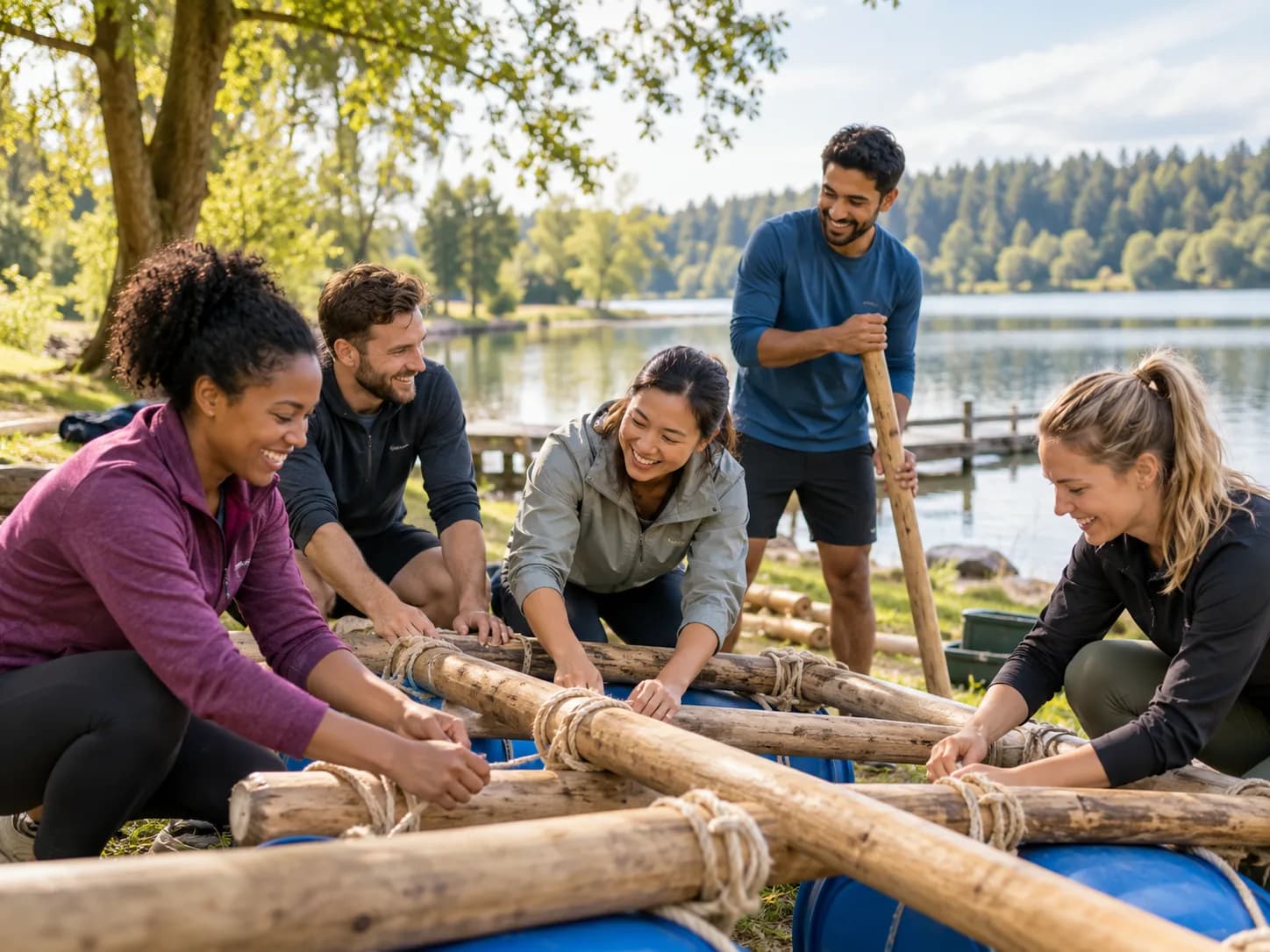 Vista previa: equipo montando una balsa junto a un lago