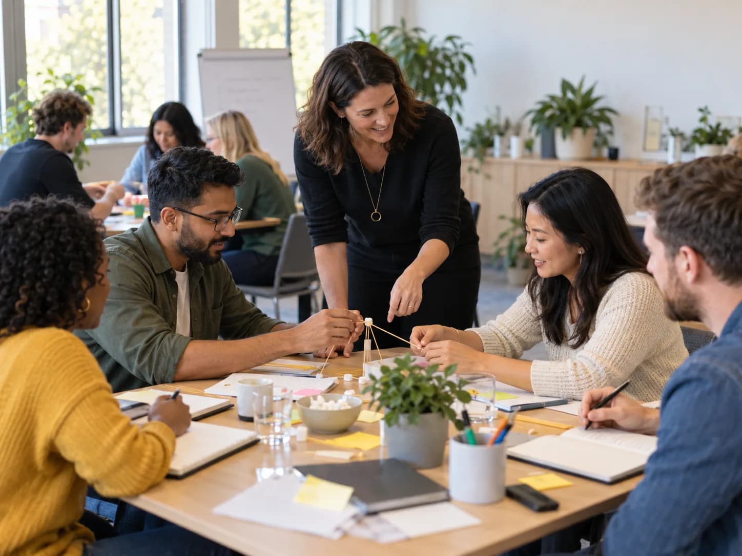Taller en equipo: varios compañeros montan una estructura con palitos y nubes mientras una facilitadora los guía