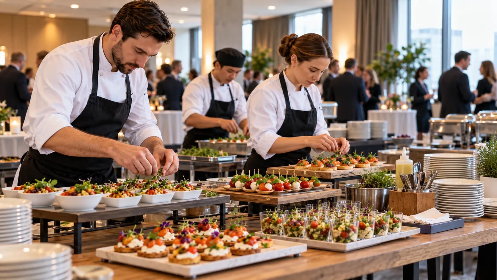 Catering team preparing a buffet of appetizers for a corporate event