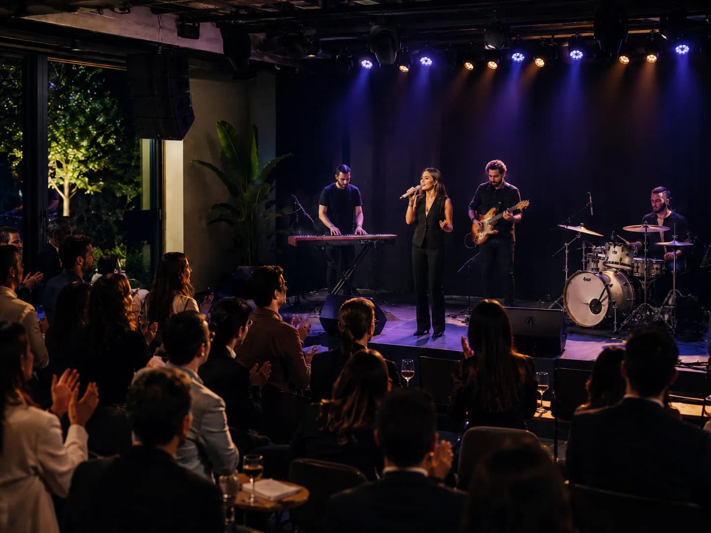Live concert with a band on stage and guests applauding