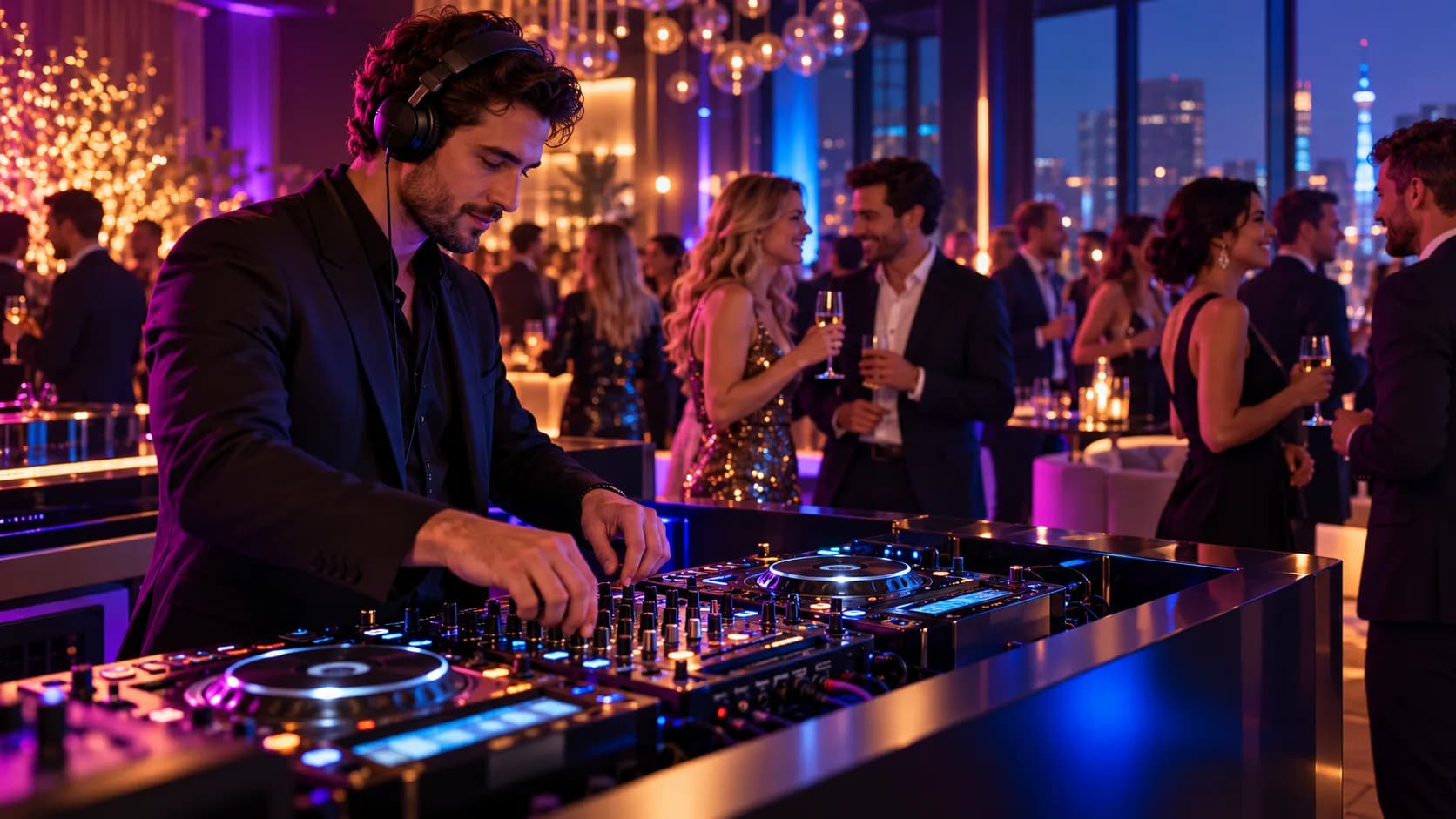 DJ playing with a mixing desk at a company party