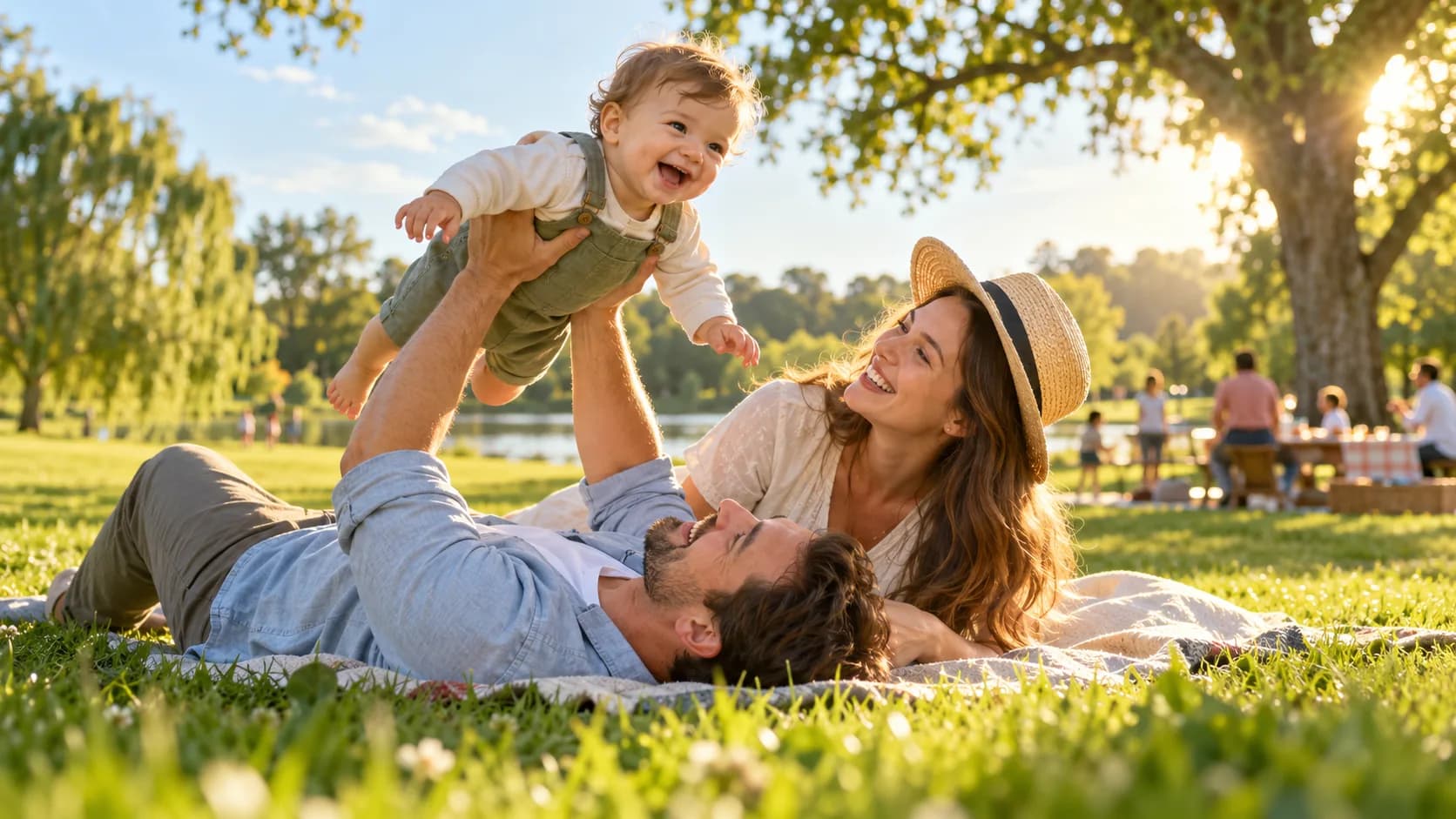 Family playing with their baby in a park on a day outdoors