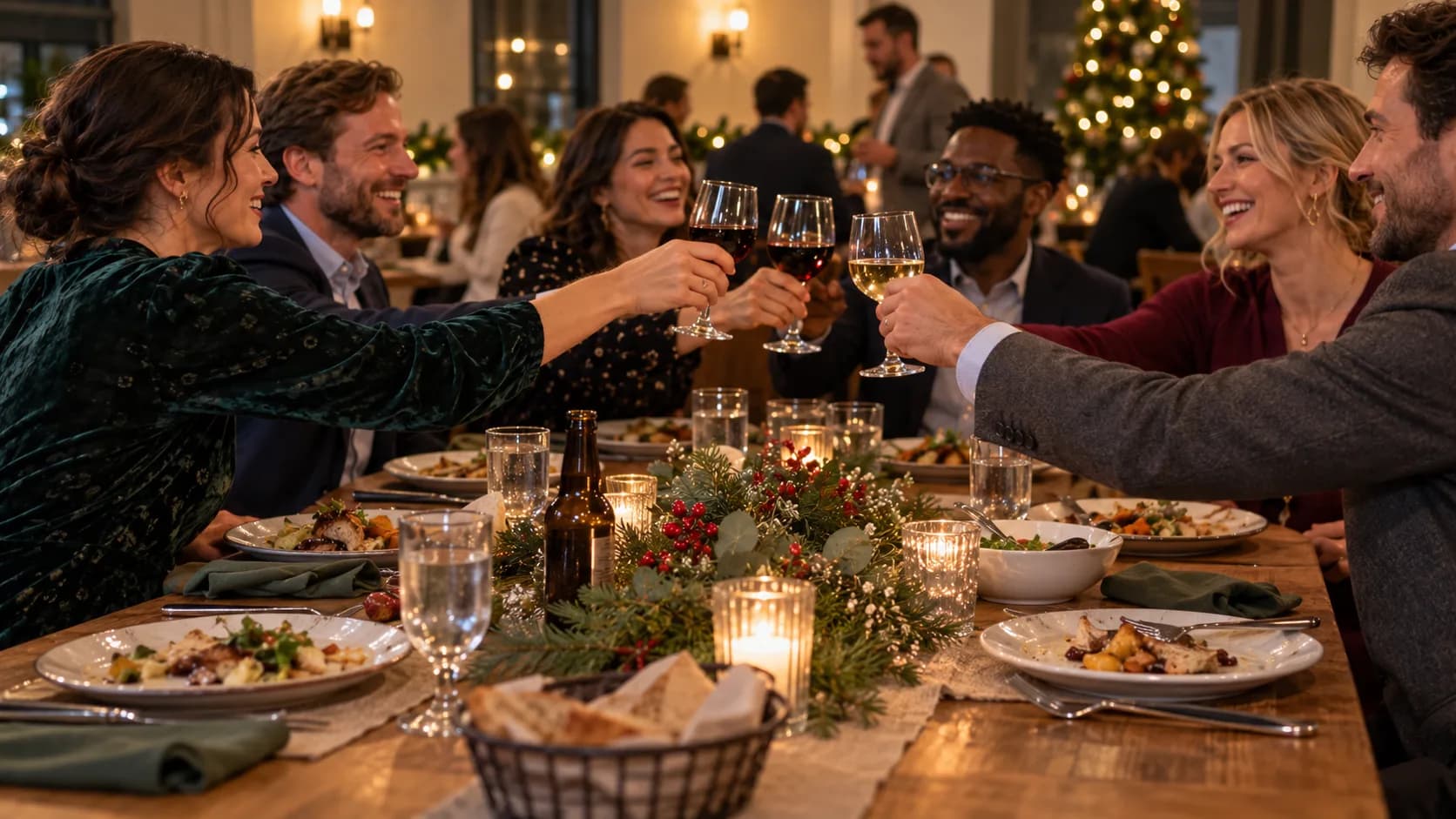 Cena de Navidad de empresa con los equipos brindando en una mesa decorada