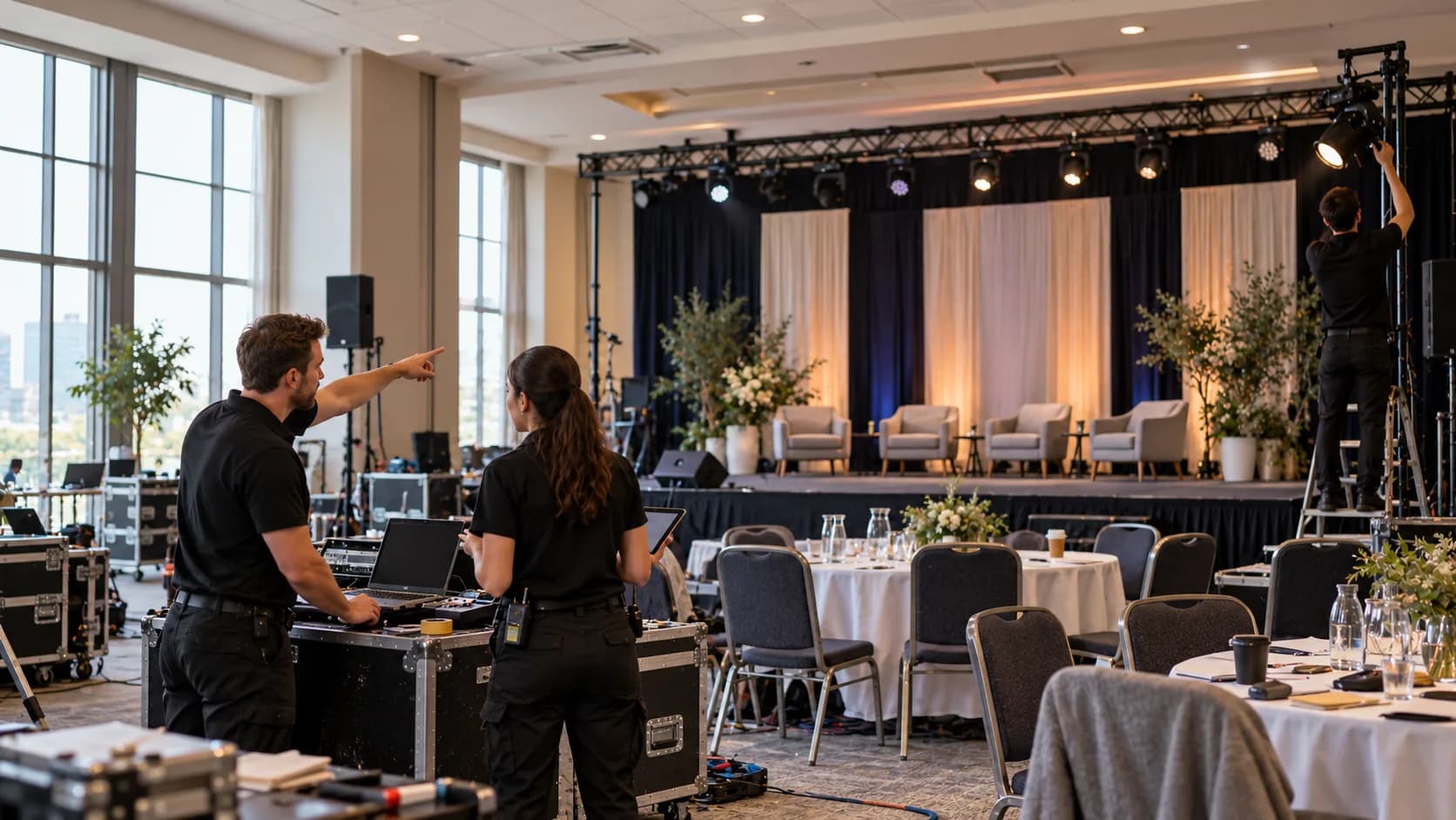 Equipo de producción preparando un escenario con iluminación y decoración para un evento