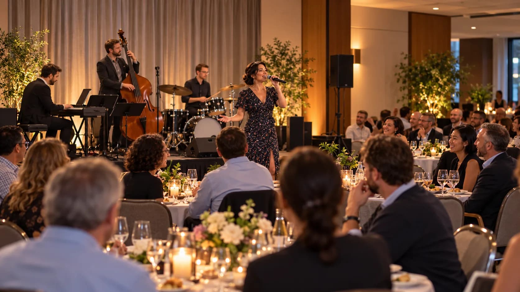 Cena de gala corporativa con un espectáculo entre las mesas de los invitados
