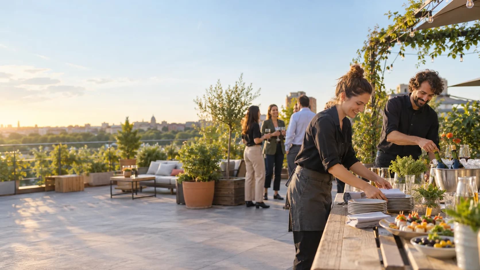 Equipo de proveedores preparando el catering de un evento corporativo en una terraza